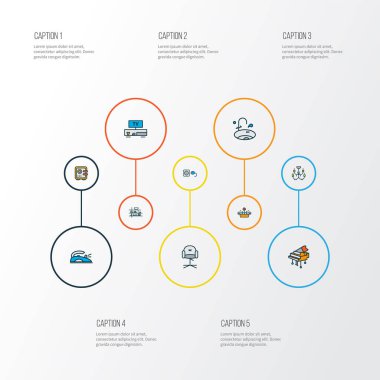 Ev simgeleri televizyon bankı, lavabo, elektrik prizi ve diğer bitki elementleriyle renklendirildi. İzole edilmiş illüstrasyon evi simgeleri.