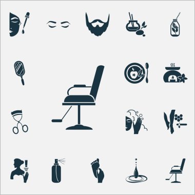 Kaşları, aroma terapisi, kirpik bigudisi ve diğer hipster unsurları olan güzellik simgeleri. İzole edilmiş illüstrasyon güzellik simgeleri.