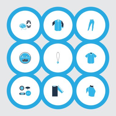 Kolları uzun, orta kollu gömlek, yüksek bel kot pantolon ve diğer yüksek yakalı elementlere sahip şık simgeler. İzole edilmiş illüstrasyon moda simgeleri.