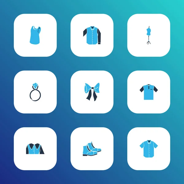 Conjunto de iconos de moda de color con camisa de manga corta, nudo de lazo, sastres maniquí y otros elementos casuales. Iconos de moda ilustración aislada . — Foto de Stock