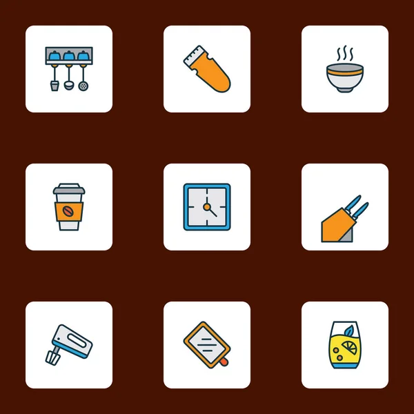 Iconos culinarios línea de colores con portacuchillos, mezclador de mano, elementos de comida taza de café. Iconos culinarios de ilustración aislada . — Foto de Stock
