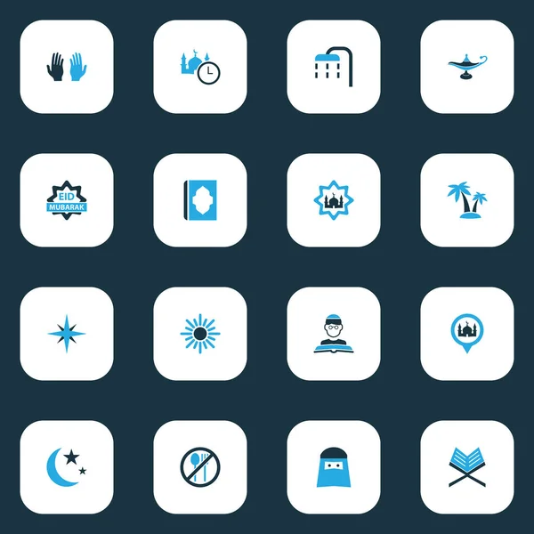 Ramadán iconos de color conjunto con la mujer, ghusl, el tiempo y otros elementos del lugar. Iconografía vectorial aislada iconos de ramadán . — Archivo Imágenes Vectoriales