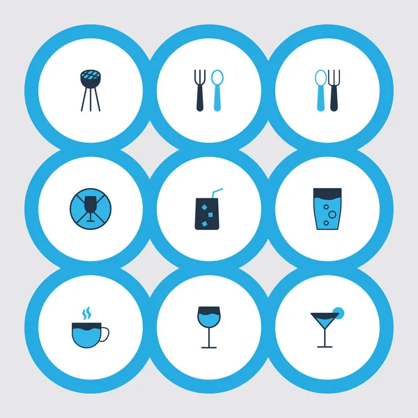 Äta ikoner färgad uppsättning med bbq, sked med gaffel, tekopp och andra juice element. Isolerad vektor illustration äta ikoner. — Stock vektor