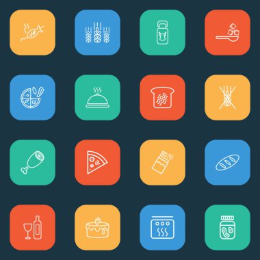 Fıstık ezmesi, buğday, tost ekmeği ve diğer içecek elementleriyle yemek simgeleri. İzole vektör illüstrasyon yemek simgeleri.