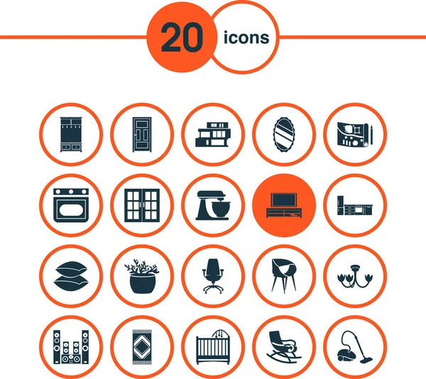 Home decoration icons set with modern house, tv bench, kitchen set and other cushion elements. Isolated vector illustration home decoration icons.