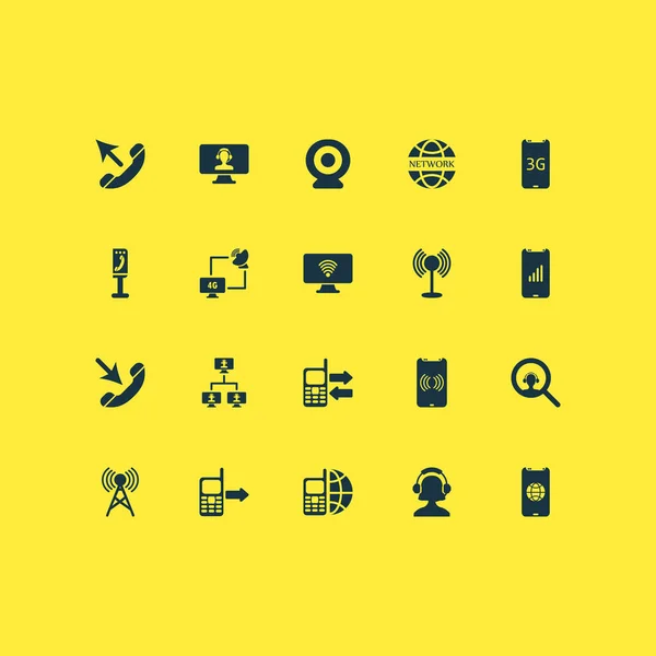 Komunikační ikony s vyhledávačem, operátorem, satelitem s počítačem a dalšími prvky hotspotu. Izolované ikony komunikace ilustrací. — Stock fotografie