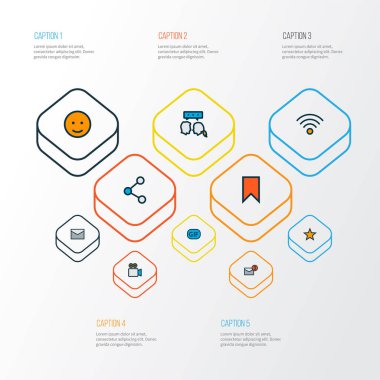 Yer imi, bildirim, paylaşım ve diğer tebessüm unsurlarıyla ağ simgeleri renklendirildi. İzole vektör illüstrasyon ağ simgeleri.