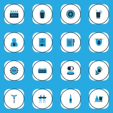 Garson, pankart, votka ve diğer besin elementleriyle renklendirilmiş ikonlar iç. İzole vektör illüstrasyon içecek simgeleri.