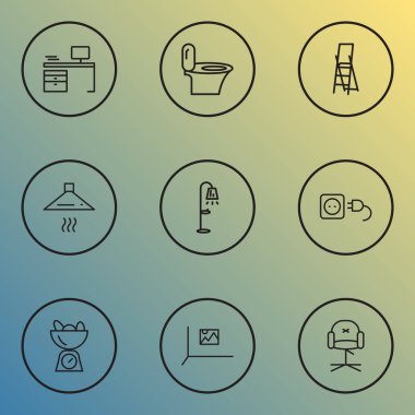 Ev simgeleri, tuvalet, şık sandalye, egzoz kapağı ve diğer tel elementlerle birlikte dizilmiş. İzole edilmiş illüstrasyon evi simgeleri.