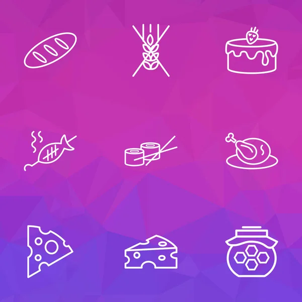Ernährungssymbole runden das Stilset mit Sushi-Brötchen, Huhn, Kuchen und anderen Grillelementen ab. Isolierte Illustration Ernährungssymbole. — Stockfoto