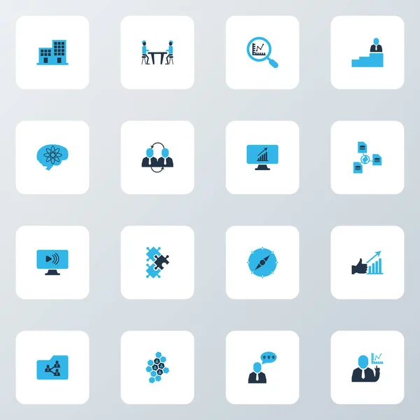 Work icons colored set with comments, research, man on top and other career elements. Isolated illustration work icons.