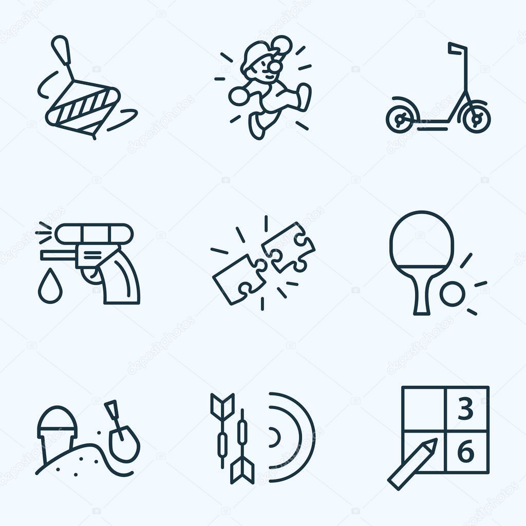 Hobby icons line style set with whirligig, sudoku, water gun and other pistol elements. Isolated illustration hobby icons.