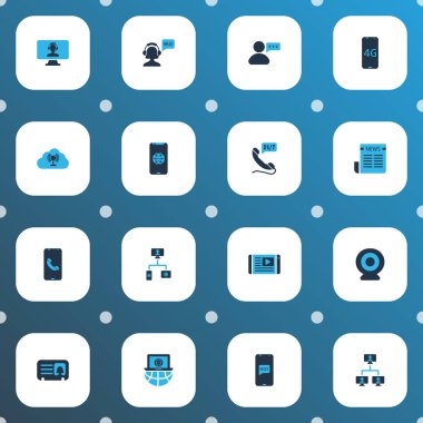 Bağlantı simgeleri IP kameralı set, tablet, gazete ve diğer yardım hattı elemanları üzerine makale. İzole vektör illüstrasyon bağlantı simgeleri.