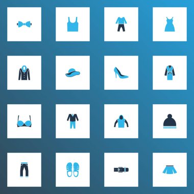 Kışlık şapka, kemer, ceket ve diğer iç çamaşırı elementleriyle renklendirilmiş ikonlar. İzole vektör illüstrasyon giysi simgeleri.