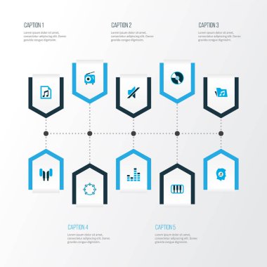 Müzik simgeleri oktav, CD, akort ve diğer radyo elementleriyle renklendirilmiş. İzole vektör illüstrasyon müzik simgeleri.