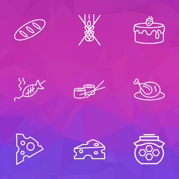 Conjunto de iconos de la línea de comidas con rollos de sushi, pollo, pastel y otros elementos de barbacoa. Iconos de harina de ilustración vectorial aislado . — Archivo Imágenes Vectoriales