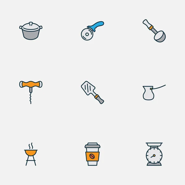 Ikon memasak garis berwarna diatur dengan pot, bbq spatula, sisik dapur dan elemen decaf lainnya. Ilustrasi vektor terisolasi ikon memasak. - Stok Vektor