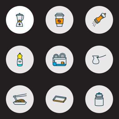 Gastronomi simgeleri bulaşık kurutma makinesi, kahve fincanı ve diğer ibrik elementleriyle renklendirildi. İzole vektör çizimi gastronomi simgeleri.
