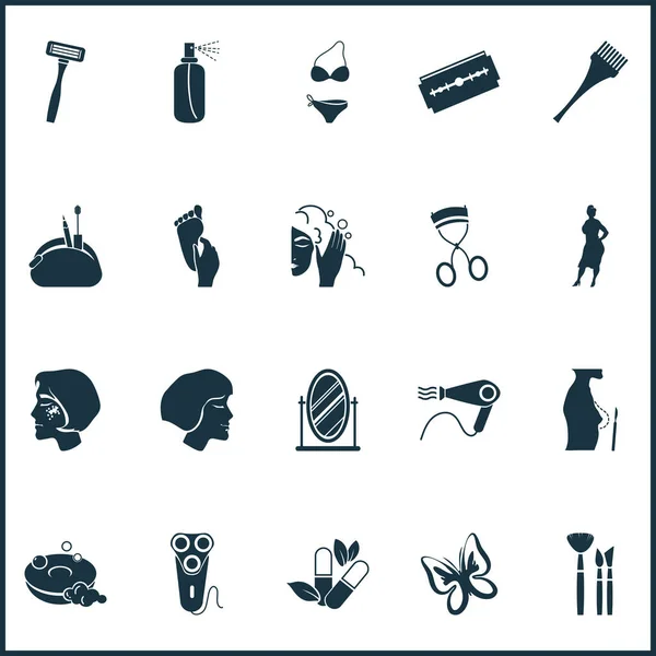 Conjunto de iconos de cosméticos con espejo, secador de pelo, chica de tamaño grande y otros elementos femeninos. Iconos de cosméticos de ilustración vectorial aislado . — Archivo Imágenes Vectoriales