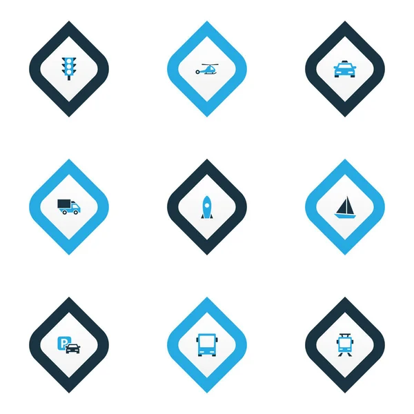 Transport ikoner färgad uppsättning med segelfartyg, camion, raket och andra parkering element. Isolerade vektor illustration transport ikoner. — Stock vektor