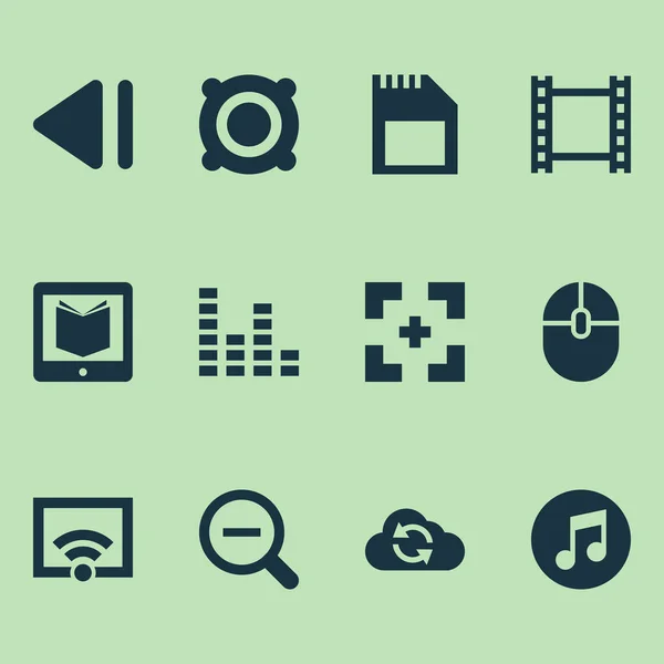 Hudební ikony s wifi, video, učení a další cílové prvky. Izolované ikony vektorové ilustrace. — Stockový vektor