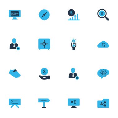 Takım çalışması simgeleri sosyal webinar, güvenli, planlama tahtası ve diğer yaratıcı unsurlarla renklendirilmiş. İzole edilmiş illüstrasyon takım çalışması simgeleri.