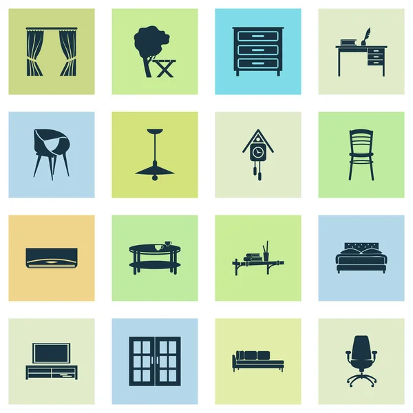 Conjunto de iconos de vivienda con silla elegante, cama doble, sofá cama y otros elementos de sillón modernos. Iconos de vivienda de ilustración aislada . —  Fotos de Stock