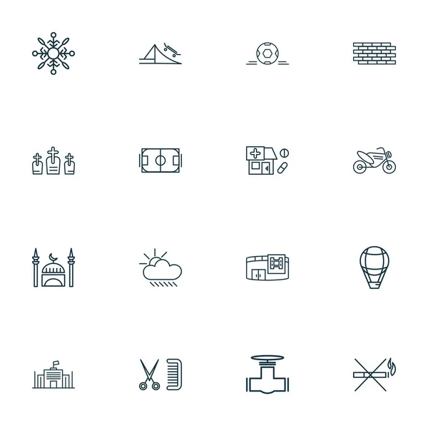 City pictogrammen lijn stijl set met motor fiets, niet roken, voetbalveld en andere coiffure elementen. Geïsoleerde illustratie stad iconen. — Stockfoto