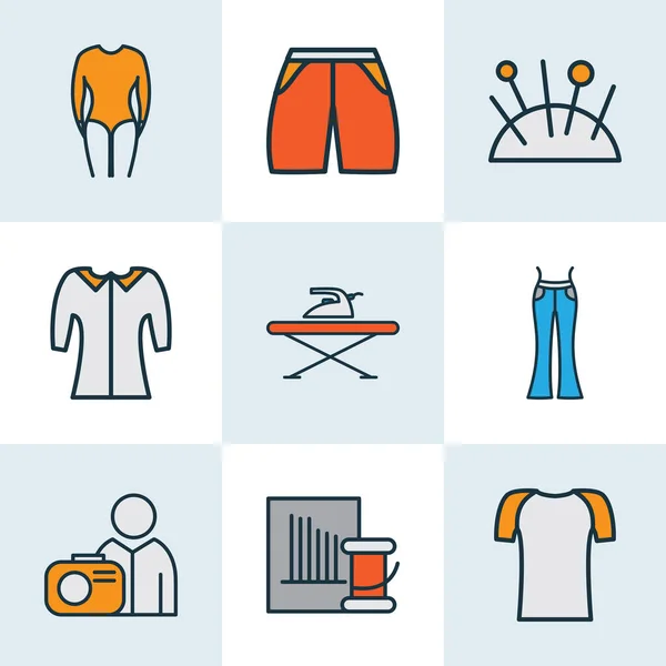 Fashion iconen gekleurde lijn set met shorts, flared jeans, mid mouw en andere bell mouw shirt elementen. Geïsoleerde illustratie mode iconen. — Stockfoto