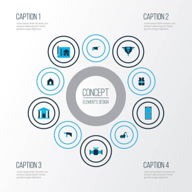 Sanayi simgeleri, kazıcı, vana, tapınak ve diğer katolik unsurlarla renklendirildi. İzole vektör illüstrasyon sektörü simgeleri.
