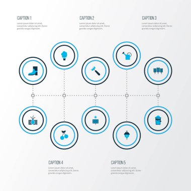 Bitki kökü, güneş enerjisi, sulama kutusu ve diğer koruyucu elementlerle renklendirilmiş bahçe simgeleri. İzole edilmiş illüstrasyon bahçe simgeleri.