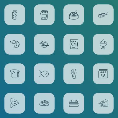 Hamburger, tarçınlı rulo, karides ve diğer dondurma elementleriyle yemek simgeleri. İzole edilmiş resimli yemek simgeleri.