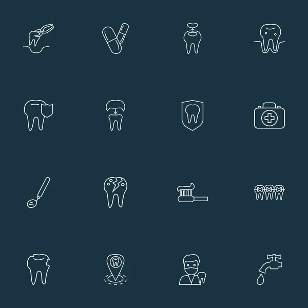Tooth ikony linii stylu zestaw z lustrem dentystycznym, pigułki, korona dentystyczna i inne elementy próchnicy. Izolowane ilustracje ikony zębów. — Zdjęcie stockowe