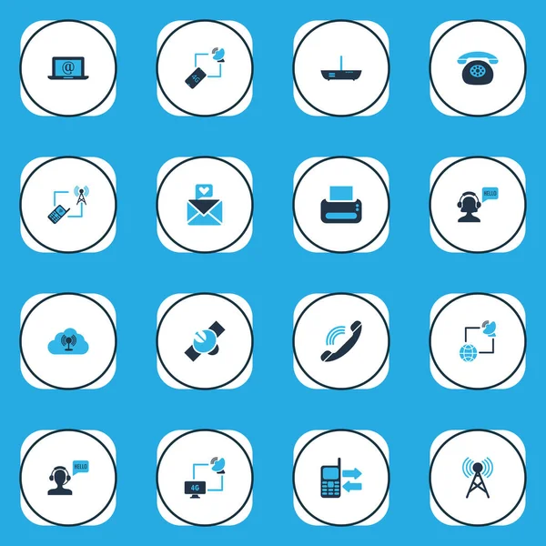 Farbige Verbindungssymbole mit Kommunikationsturm, Cloud Access Point, Satellit mit Computer und anderen Senderelementen. Isolierte Icons zur Illustration. — Stockfoto