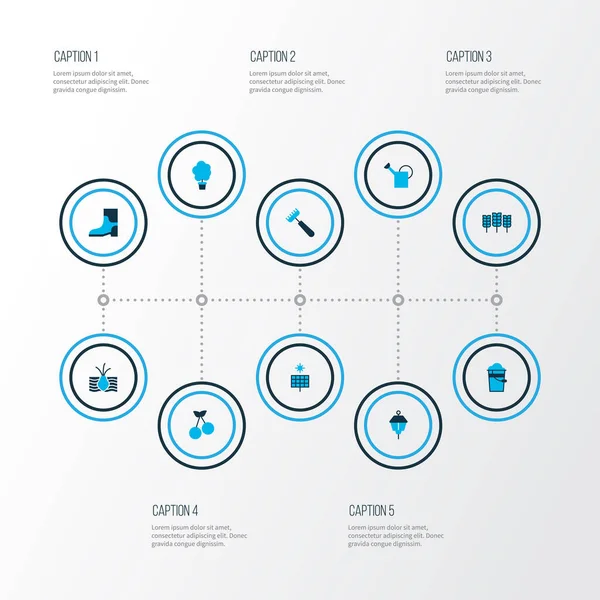 Trädgårdsikoner färgad uppsättning med växtrötter, solenergi, vattenkanna och andra borgensman element. Isolerade illustration trädgård ikoner. — Stockfoto