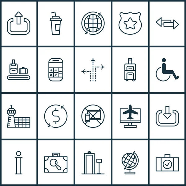 Conjunto de iconos del aeropuerto con cambio de dólar, discapacidad, elementos de accesibilidad del transportador de bolsas. Iconos de aeropuerto de ilustración aislada . — Foto de Stock
