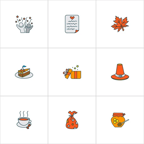 Thanksgiving ikoner färgade linje set med fest, varmt kaffe, presentpåse och andra papper element. Isolerade vektor illustration tacksägelse ikoner. — Stock vektor