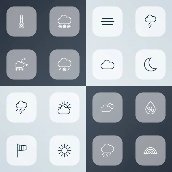 Iconos climáticos estilo de línea con tormenta, nublado, arco y otros elementos del cielo nuboso. Iconos de clima de ilustración vectorial aislado . — Vector de stock
