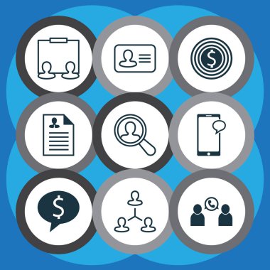 Arama çalışanı, kimlik, insan özgeçmişi ve diğer sunum unsurları ile kaynak simgeleri ayarlandı. İzole edilmiş illüstrasyon kaynakları simgeleri.