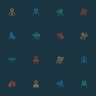 Bahçıvan kadın, karate, mezun kadın ve diğer işçi unsurlarıyla iş ikonu çizimi. İzole vektör illüstrasyon meslek simgeleri.