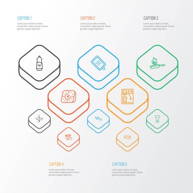 Mutfak simgeleri çizgisi, kağıt, kahve makinesi, lavabo ve diğer tencere elementleriyle. İzole vektör resimleme aşçılık simgeleri.