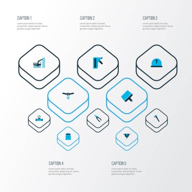 İnşaat simgeleri inşaat zımbası, akış borusu, toprak ve diğer araç elementleriyle renklendirilmiş. İzole illüstrasyon yapı simgeleri.