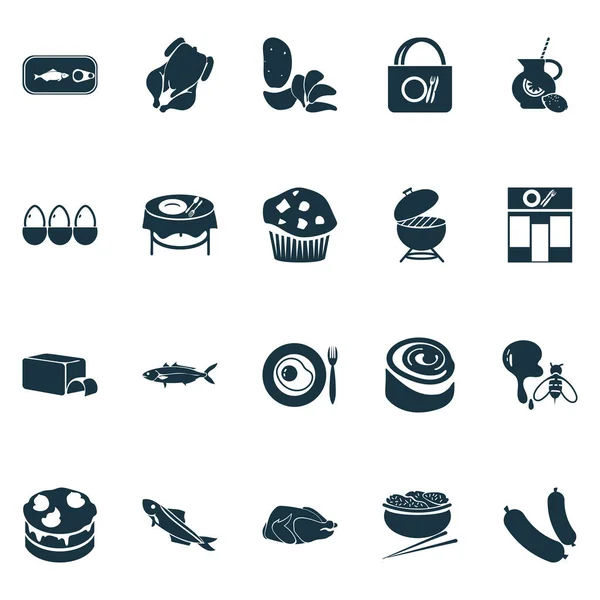 Manger des icônes ensemble avec omelette, saucisse, barbecue et autres éléments de café. Illustration isolée mangeant des icônes . — Photo