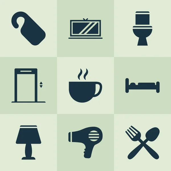 Iconos de turismo conjunto con no molestar, secador de pelo, WC y otros elementos wc. Iconos de turismo de ilustración vectorial aislado . — Archivo Imágenes Vectoriales