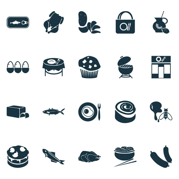 Eating icons set with omelette, sausage, barbecue and other cafe elements. Isolated vector illustration eating icons. — Stock Vector