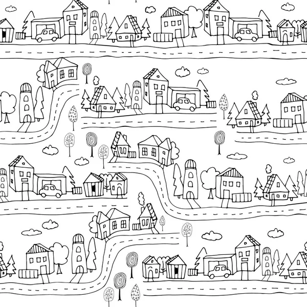 Nahtloses Muster mit handgearbeitetem Stadtdesign. Schwarz-weißer Tuschhintergrund mit handgezeichneten Häusern und Bäumen. Doodle Hintergrund mit landscape.vector Illustration — Stockvektor