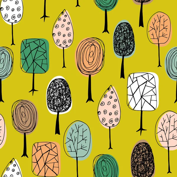 Textura perfecta con árboles dibujados a mano. Patrón de otoño dibujado a mano sin fin. Plantilla para el diseño textil, tela, fondos, paquetes, papel de embalaje. Ilustración vectorial — Vector de stock