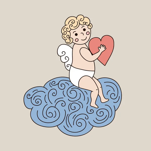 Bulut üzerinde şirin melek. Melek uyku ile çizilen illüstrasyon vektör ver. Çizgi film karakteri melek büyük kalp tutan