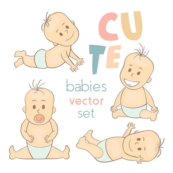 Niedliche kleine Babys. Neugeborenes Baby Ikone. Lächelnde Cartoon-Kids. Es kann für Babyduschkarten, Verpackungsdesign Babyprodukte, usw. verwendet werden. Vektorillustration — Stockvektor