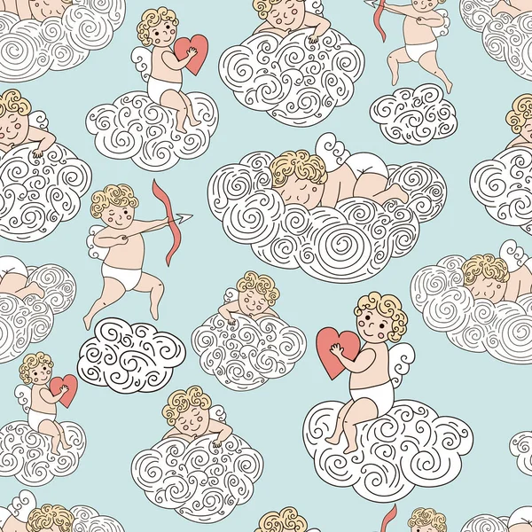 Cute pattern with angels on clouds. HAnd drawn sleeping angel, angel with heart and with bow and arrow. Perfect for baby textile, wrapping paper, wallpaper, etc — Stock Vector